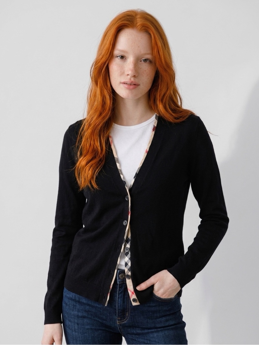 Burberry Brit Vintage Ultrafine Merino Wool Cardigan in Black w/NovaCheck Trim L